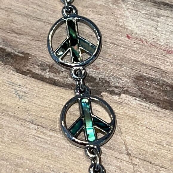 Peace Sign With Shell Inlay Set In Silver Tone Tennis Bracelet - Picture 2 of 7